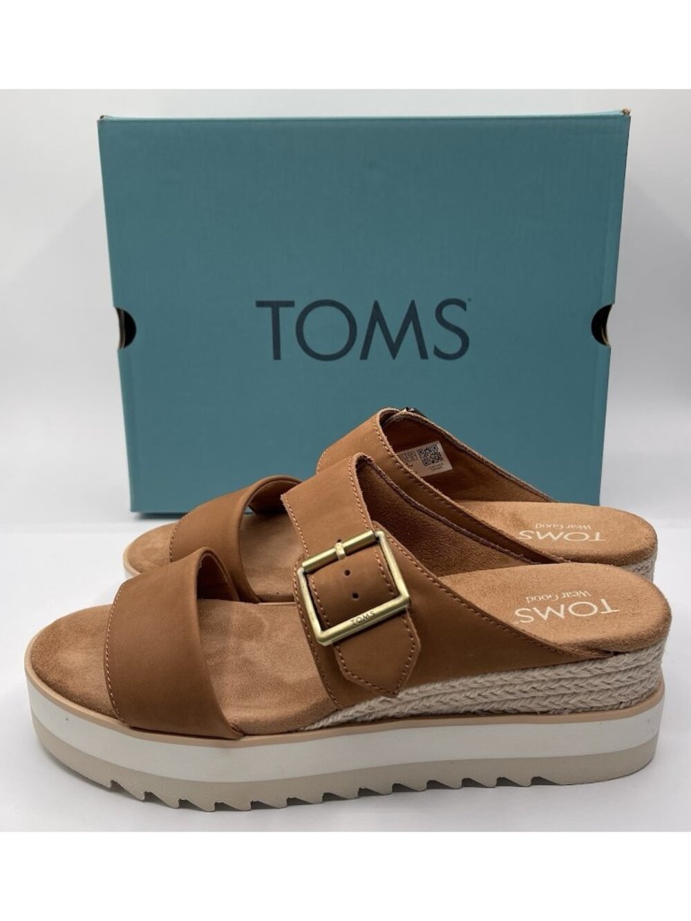 Toms Diana Mule Buckle Wedge Sandal Open Toe Women's Size 8 Brown Sugar Leather